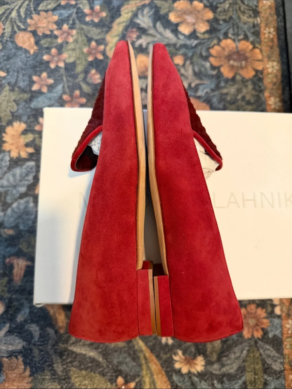 Manolo Blahnik Red Artura Suede Calf Hair Loafers NWB